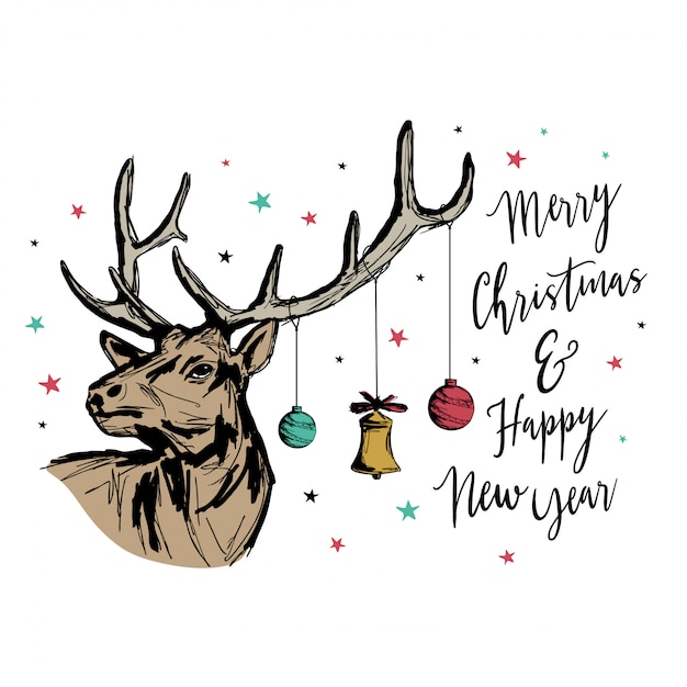 Vector christmas and new year greeting card with reindeer