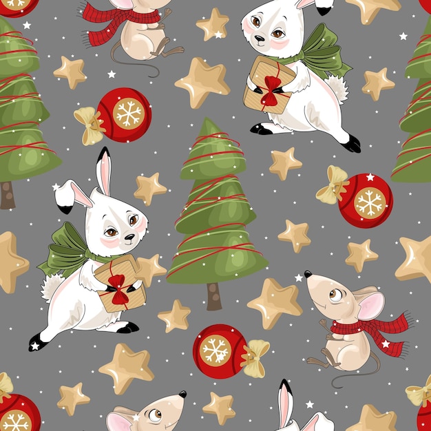 Vector christmas and new year holiday seamless pattern with bunny