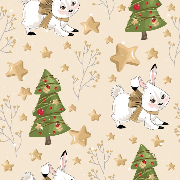 Vector christmas and new year holiday seamless pattern with bunny