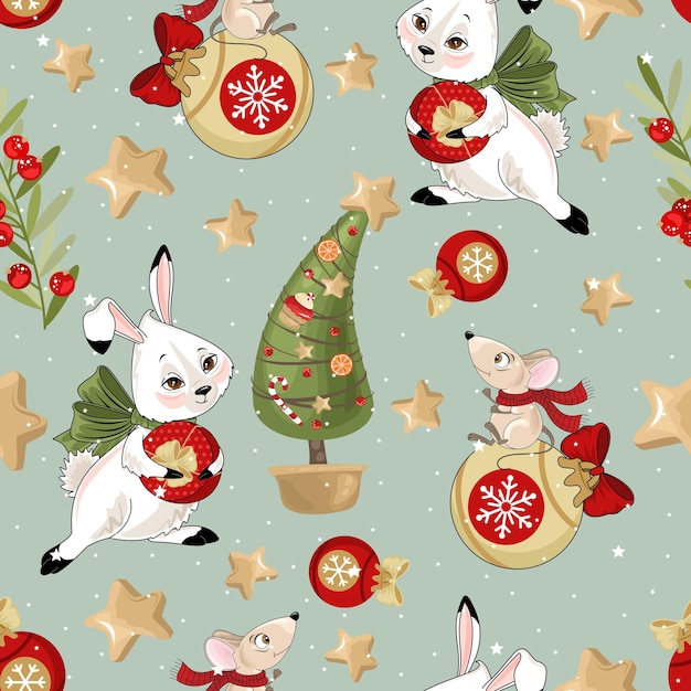 Christmas and new year holiday seamless pattern with Bunny