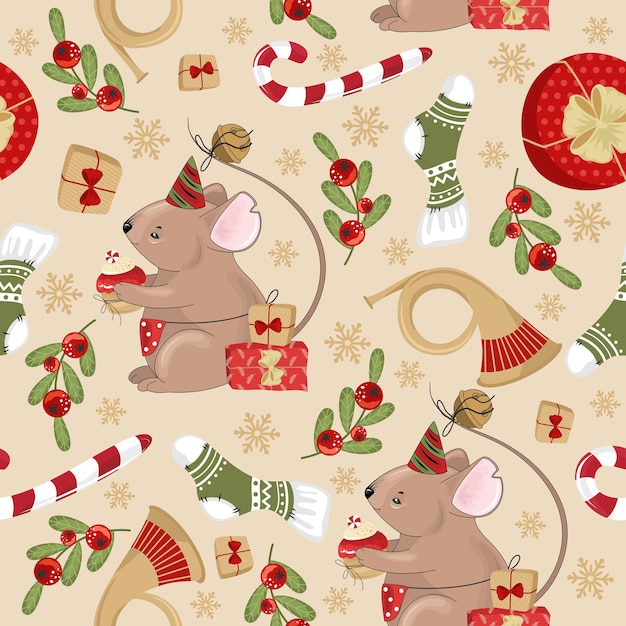 Vector christmas and new year holiday seamless pattern with mouse