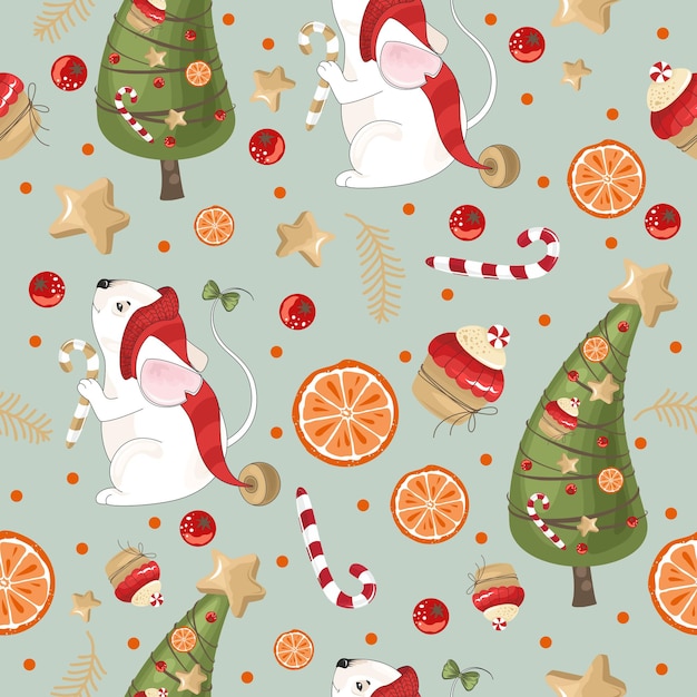 Vector christmas and new year holiday seamless pattern with mouse