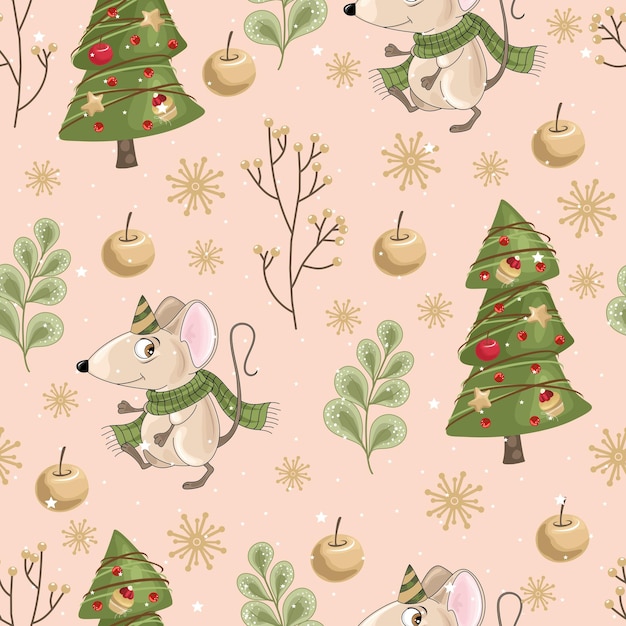 Vector christmas and new year holiday seamless pattern with mouse