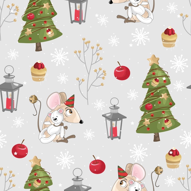 Vector christmas and new year holiday seamless pattern with mouse