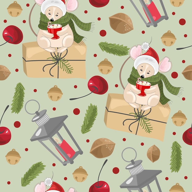 Christmas and new year holiday seamless pattern with mouse