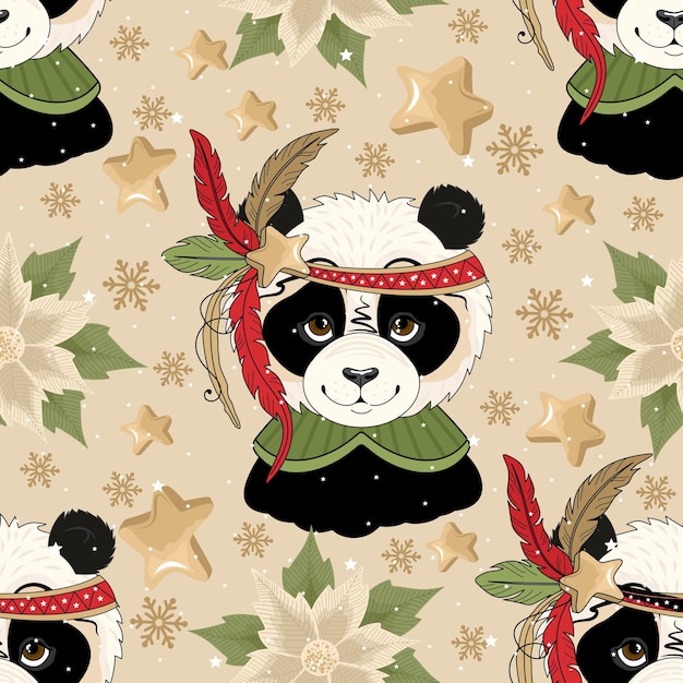 Vector christmas and new year holiday seamless pattern with panda