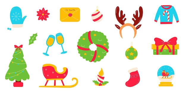 christmas new year holidays gifts tree set elements vector illustration