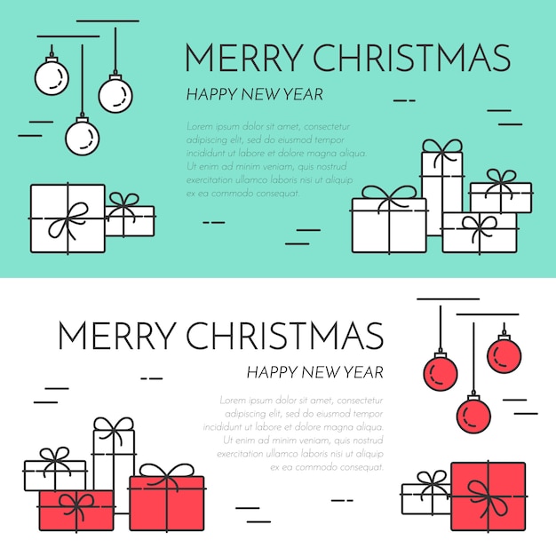 Christmas and New Year horizontal banner with gifts and decorations in line art.