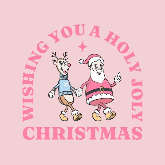 Vector christmas new year hot pink retro cartoon characters santa reindeer gay friends holiday illustration