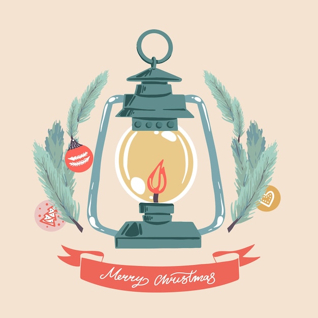 Christmas new year illustration of old kerosene lamp