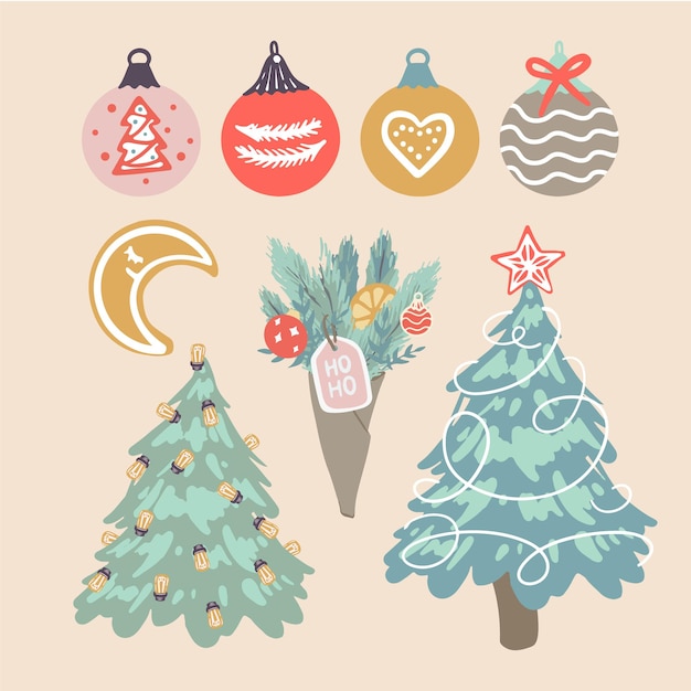 Вектор Рождество новый год набор иллюстраций рождественские шары елки букет
