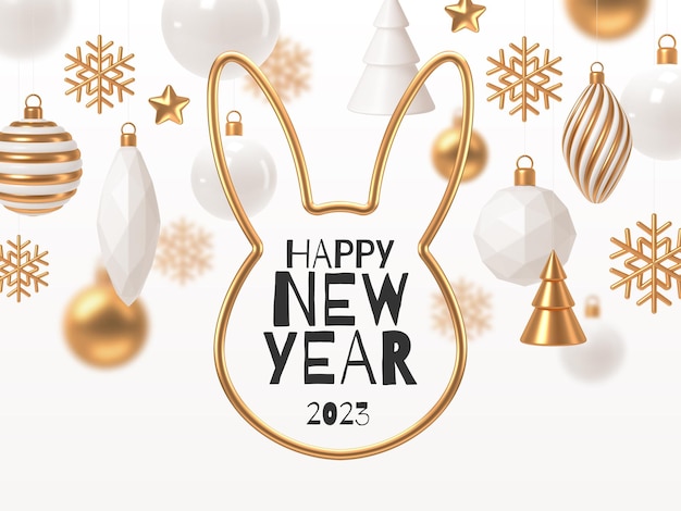 Christmas and new year illustration with white and gold decorations and rabbit outline