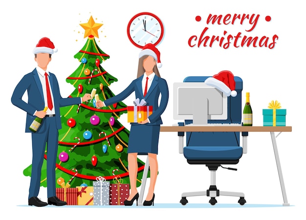 Interno dell'area di lavoro della scrivania dell'ufficio di natale e capodanno. confezione regalo, albero di natale, sedia, computer pc, orologi. uomini d'affari. decorazione di capodanno. buon natale natale. illustrazione vettoriale piatta