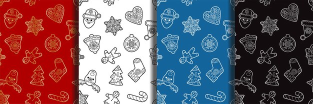 Christmas and new year outline seamless patterns set