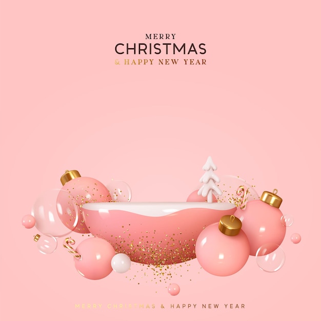 クリスマスと新年のピンクの背景。リアルな 3D デザインのステージ表彰台、スタジオの半円形の球体。装飾的なお祭り要素のガラス安物の宝石ボール。クリスマスホリデーテンプレートの表彰台。ベクトル図