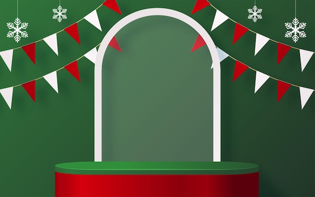 Christmas and new year podium background vector design 3d products or show cosmetic product display. stage pedestal or platform. winter christmas red background.