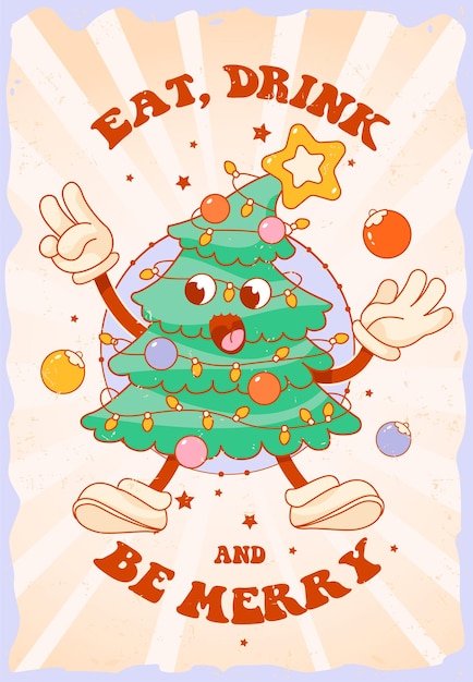 Vector christmas and new year poster in retro groovy style. funny christmas tree dancing.
