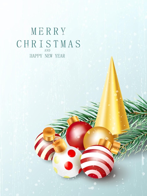 クリスマスツリーの枝とボールとクリスマスと新年のポスター。デザインの招待状、カード、ウェブの現実的なベクトルの背景