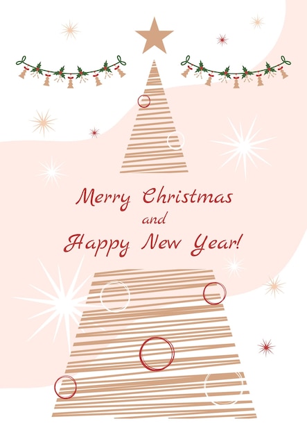 Christmas and New Year poster with stylized flat fir tree garland snowflakes and text greeting