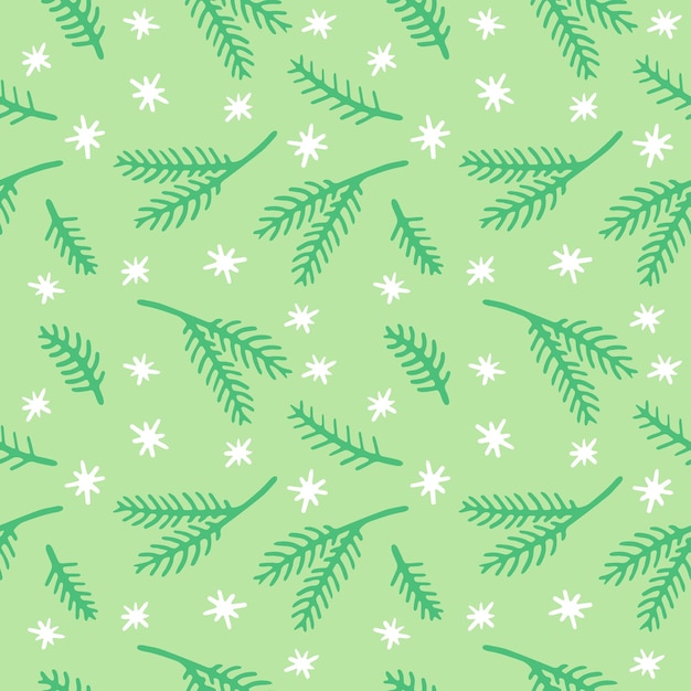 Christmas or New Year s pattern spruce branches and snowflakes vector seamless patter hand drawn