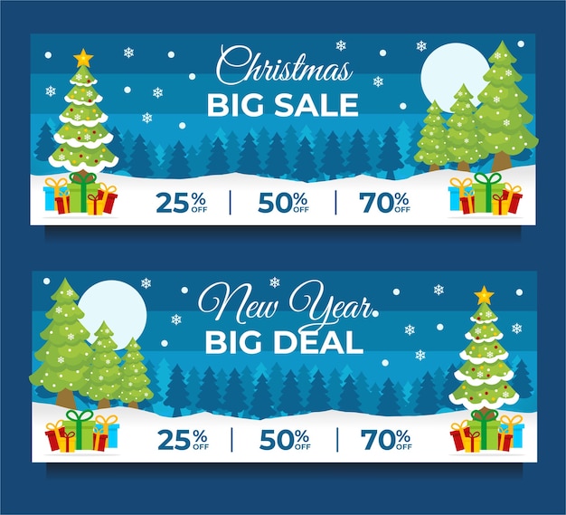 Christmas and new year sale banner template with christmas tree red background