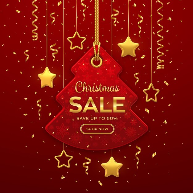 Christmas and New Year sale price tag. Realistic red tag hanging on gold rope. Discount label with golden stars and confetti. Xmas banner design, advertising, marketing price tag. Vector illustration.