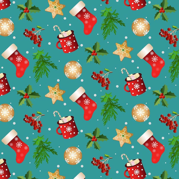 Christmas and New Year seamless background with Christmas toys, gingerbread, coffee mug, twigs