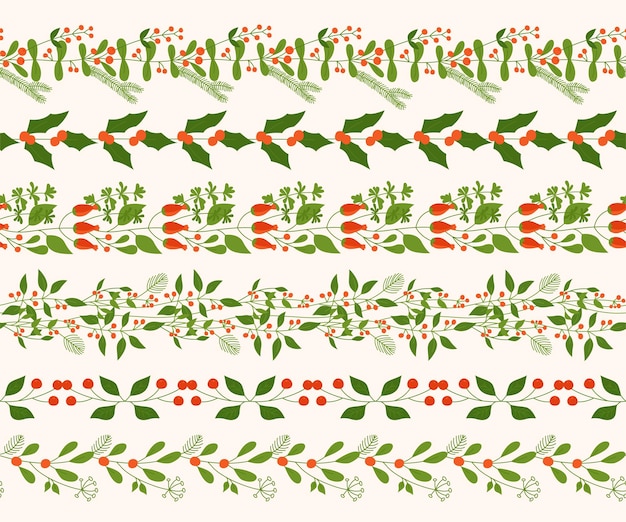 Christmas New year seamless border set branch endless horizontal pattern brush