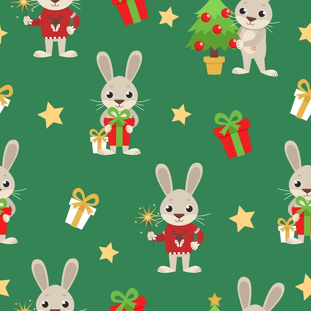Рождество или Новый год бесшовные модели. Заяц или кролик украшают елку и т. д.