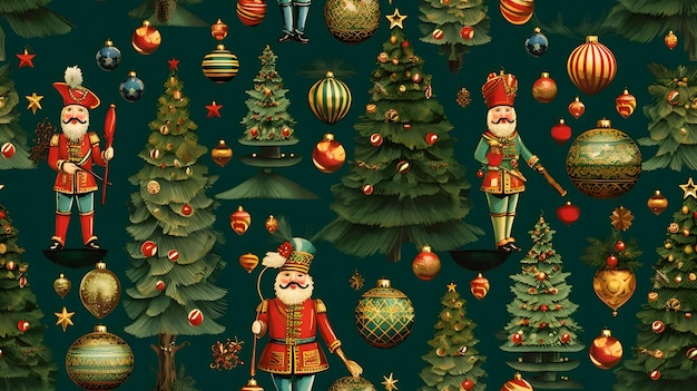 Christmas and New Year seamless pattern with Santa Claus Christmas tree ornaments