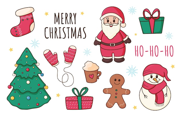 Christmas, new year set of elements, cartoon style, christmas tree, santa, gift, gingerbread