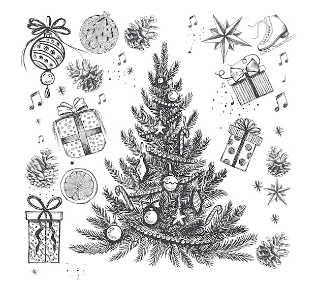 Christmas and new year set tree toys hand drawn illustration