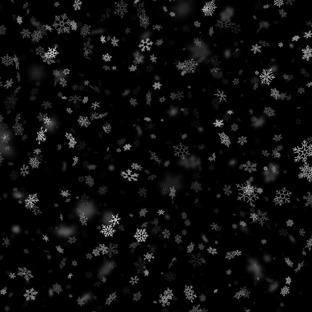 Christmas, New year snowflakes stars on a black background. Falling snow template. 