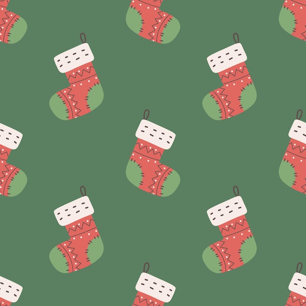 Christmas and New Year symbols knitted sock seamless pattern. Vector cute print. Digital paper. Design element.