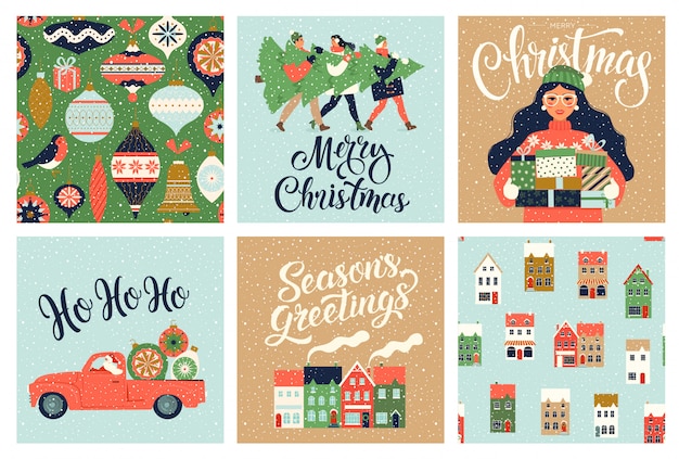 Vector christmas and new year template set for greeting scrapbooking, congratulations, invitations, tags, stickers, postcards. christmas posters set.  illustration.