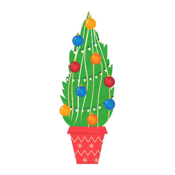 Vector christmas new year tree red pot vector illustration isolated on white xmas icons with ornament
