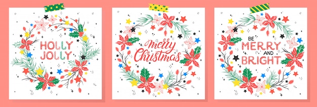 Vector christmas and new year typography.set of holidays cards with greetings,wreaths and stars.seasons greetings perfect for prints, flyers,cards,invitations and more.vector holidays illustrations.