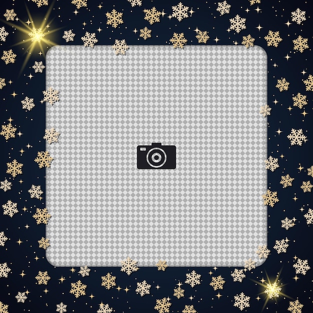 Christmas and New Year vector background with empty photo frame with golden stars and snowflakes