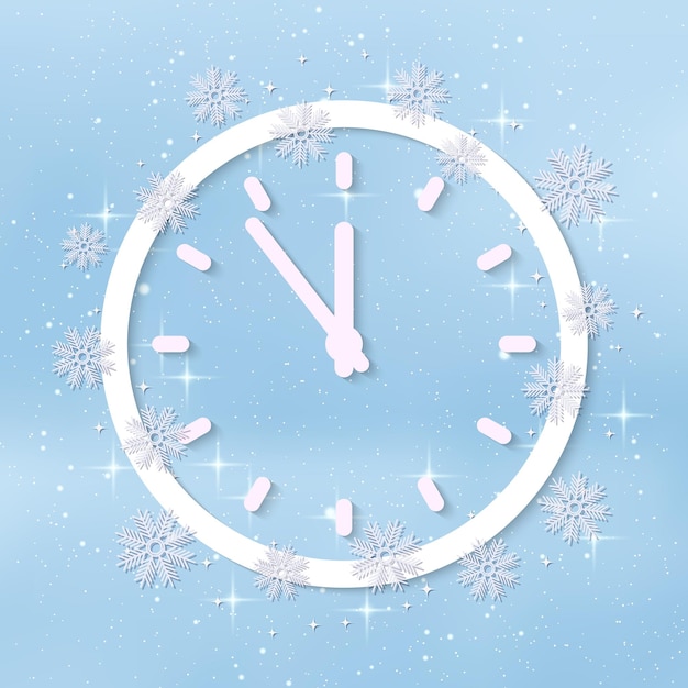 Christmas and New Year vector blue background with elegant cartoon snowflakes and clock