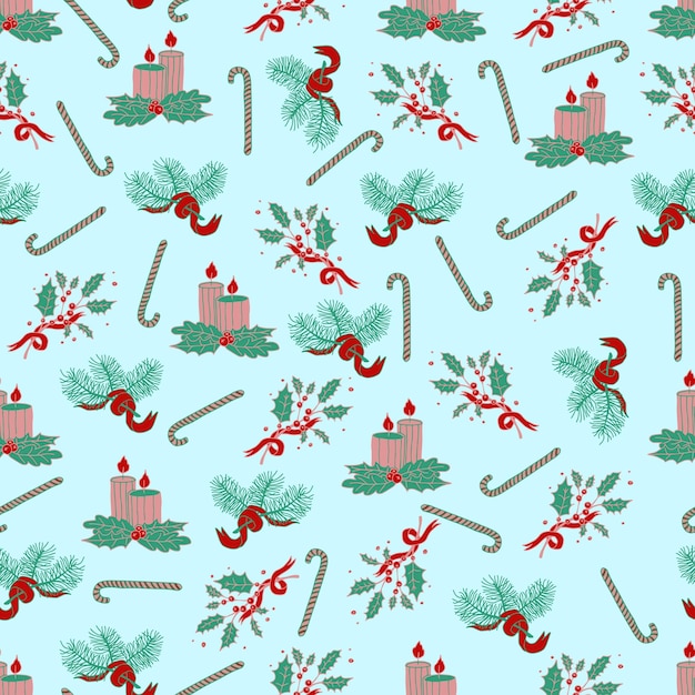 Christmas and New Year vector seamless pattern Spruce branches decorated with Christmas candy canes lollipops