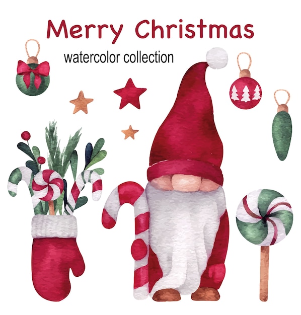 Christmas and New Year watercolor set with cute gnome, mitten, lollipops and pine tree balls