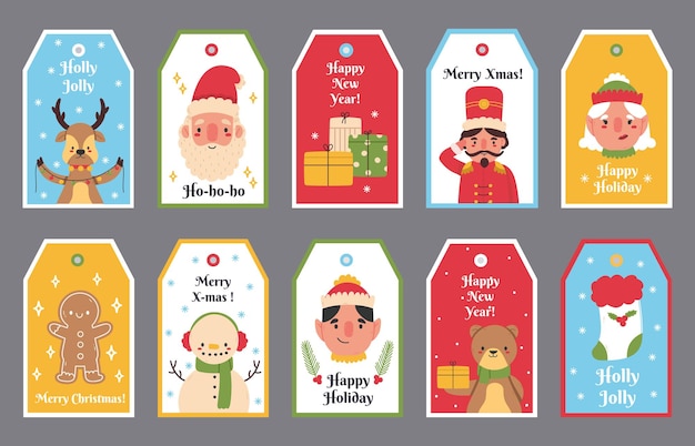 Christmas and new year winter holidays gift tags. merry christmas santa, bear, reindeer and snowman labels vector illustration set. xmas gift boxes tags