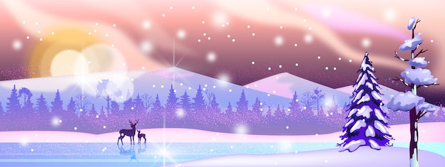 Рождественский и новогодний зимний пейзаж с замерзшей рекой, лесом в снегу, силуэт оленя
