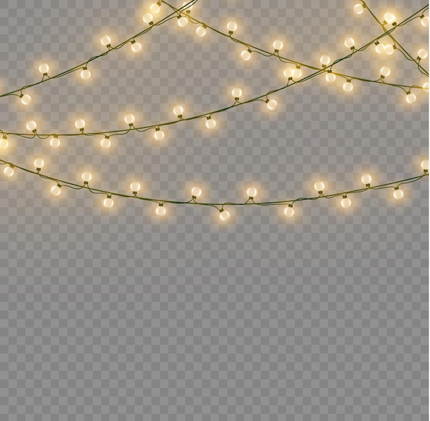 Christmas new year yellow garlands led neon lamp glowing golden light bulbs on wire strings vector