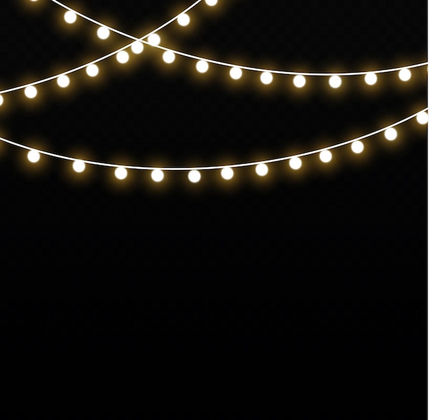 Christmas new year yellow garlands led neon lamp glowing golden light bulbs on wire strings vector