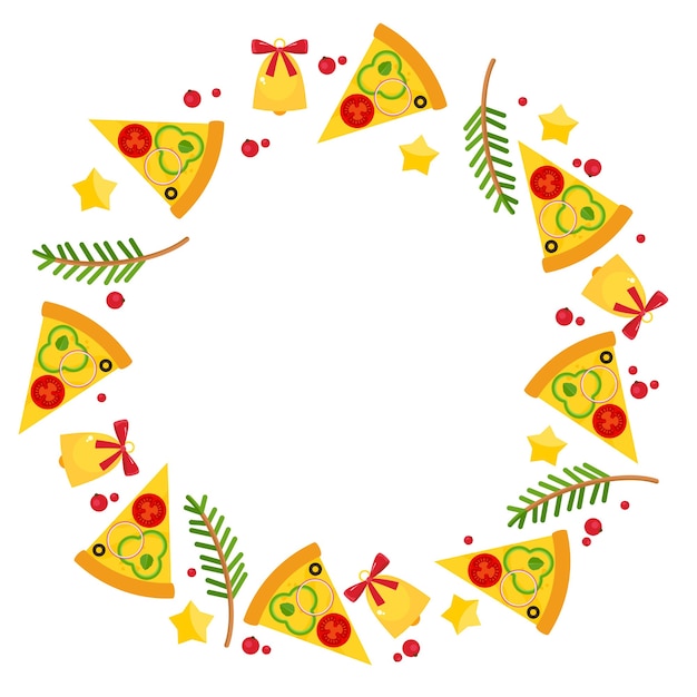 Cornice del cerchio di natale e capodanno con pizza. sfondo per menu pizzeria, materiale di marketing, biglietti per inviti, pubblicità, cartoline