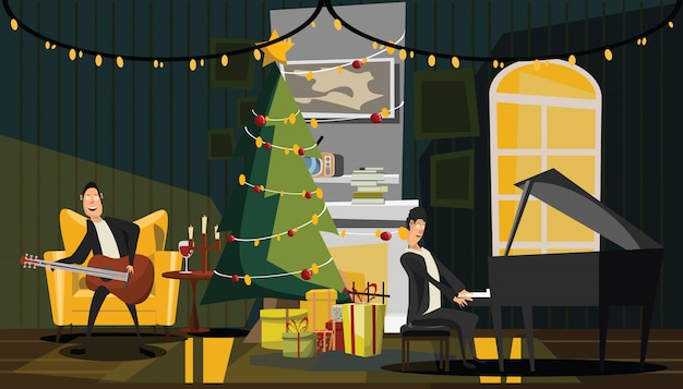 Vector christmas and new years in living room vector illustration