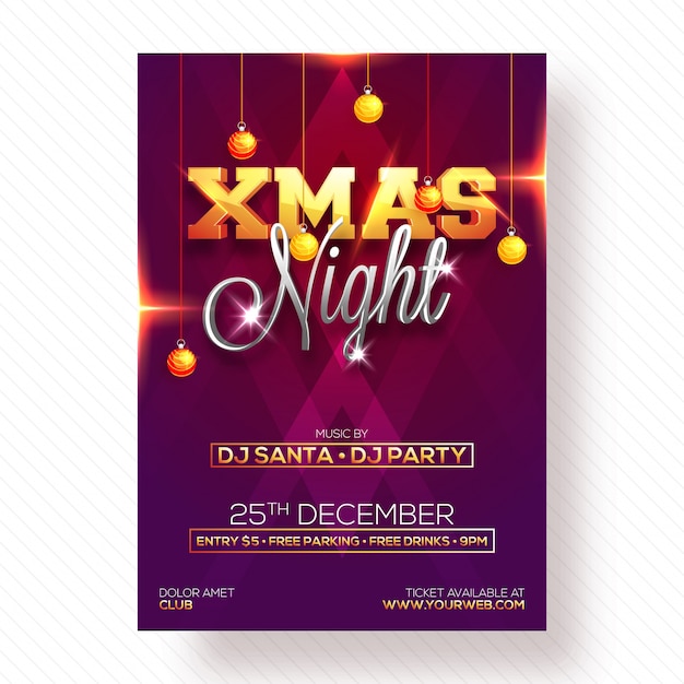 Christmas night party celebration poster, banner or flyer design.