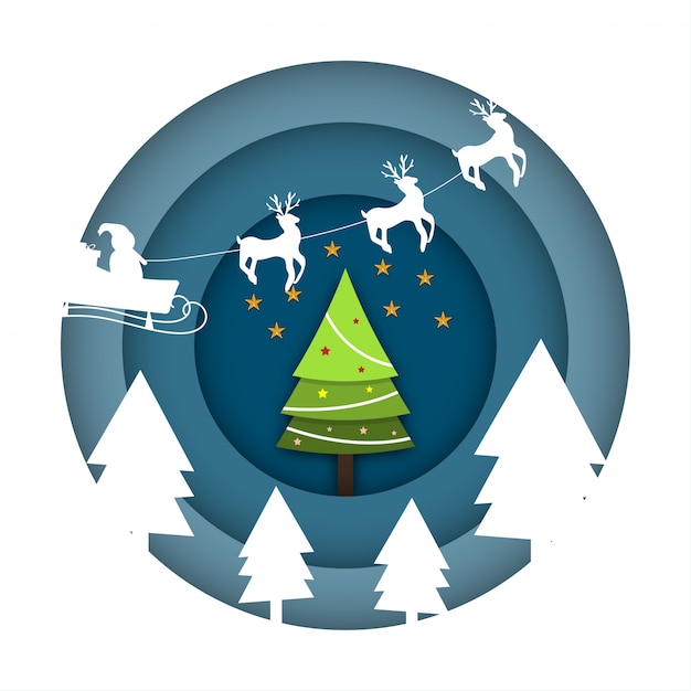 Vector christmas night with santa claus on sleigh and christmas tree in peper cut design.