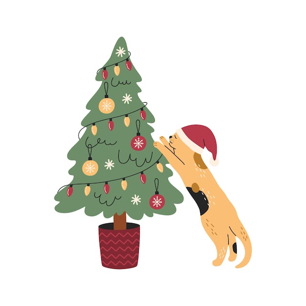 Vector christmas nighty cat climbing on fir-tree with balls and garlands, kitten in hat, new year concept